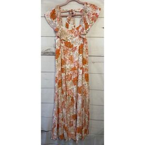 MINKPINK Maxi Dress Floral Print Orange White Flutter Sleeve Tiered Tie Back M
